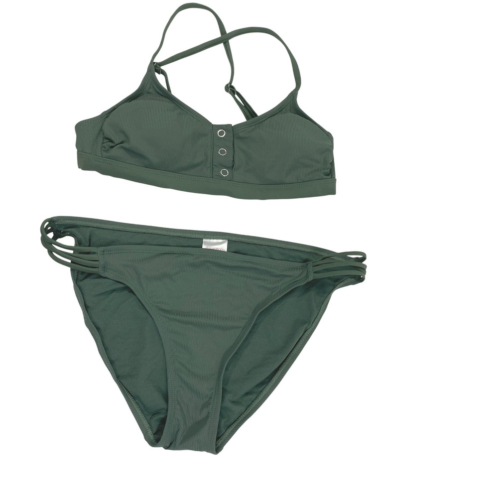 Xhilaration Bikini Set Women M/L Green Ribbed Snap Button Strappy Swimsuit Beach
